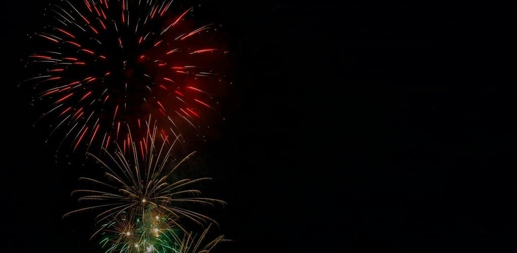 A nighttime long-exposure photograph of a vivid display of fireworks against a pure black sky with one large red explosion blooming in the upper left quadrant and a smaller smoldering green-and-gold burst with cascading sparks in the lower left and visible tree silhouettes barely catching faint light at the lower edge, the dramatic celebration culmination metaphor for the major life event that the esop payout when company is sold represents in every participant retirement timeline