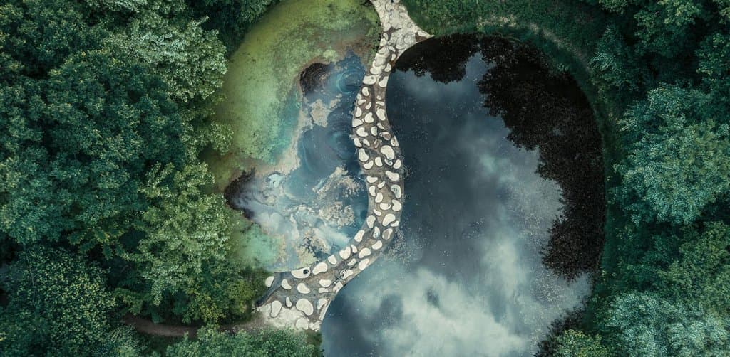 An overhead aerial view of a man-made forest pond shaped into a perfect yin-yang symbol with one half rendered in pale green algae-bordered water and pebble outline and the other half rendered in dark green deep water reflecting blue sky and clouds surrounded on all sides by dense mixed deciduous forest in summer, the literal complementary opposites metaphor for how an esop vs 401k pair up in a worker total retirement strategy