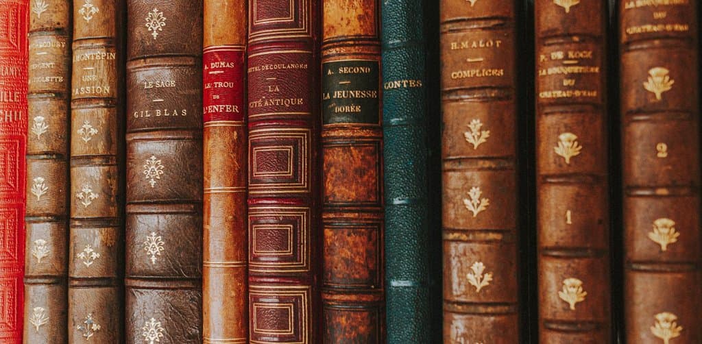 A close-up horizontal lineup of about twelve old hand-bound leather-spine antique books in red brown maroon and dark green standing tightly together on a library shelf with worn faded leather covers gold-stamped French titles like Le Roi Cap-anniversaire and L Atlantique and small ornamental gold-leaf border designs across the spines under warm soft library lighting, the formal documentation rules metaphor for the carefully written esop withdrawal rules that govern every participant distribution