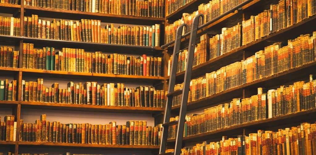 A towering many-story warm-lit library interior with floor-to-ceiling oak shelving holding tens of thousands of leather-bound antique books in browns and golds with a single black wrought-iron rolling library ladder leaning against the central shelves and a soft amber ambient glow throughout the space, the recordkeeping archive metaphor for how proper loan servicing builds a complete documentary record across the life of every loan
