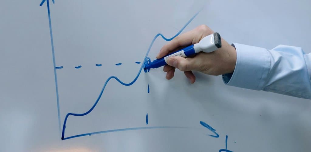 Hand drawing a rising trajectory line on a whiteboard with a blue marker, illustrating the growth narrative a founder uses to justify the size of a capital raise and the investor return expectations behind it